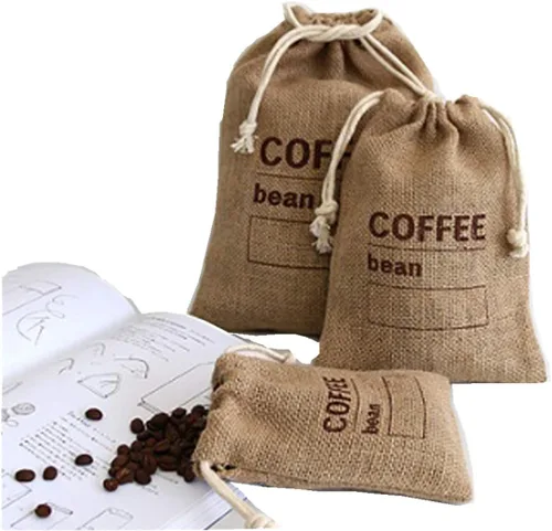 Paquetes tejidos de yute para cereales, bolsas de café en grano de cocina, guisantes, registro de fecha, bolsas de arpillera natural con cordón