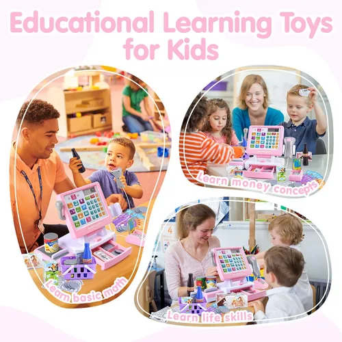 Miniatura 6 de PLAY Caja registradora de juguete para niños - Juguetes de simulación de calculadora con micrófono/transportadores/dinero de juguete/escaner/tarjeta