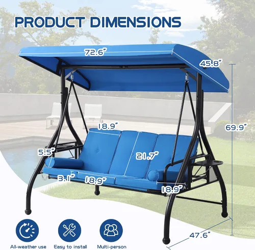 Miniatura 3 de Columpio de porche al aire libre de 3 asientos con toldo ajustable, cama convertible con soporte, planeador de patio con cojín, almohada y soporte