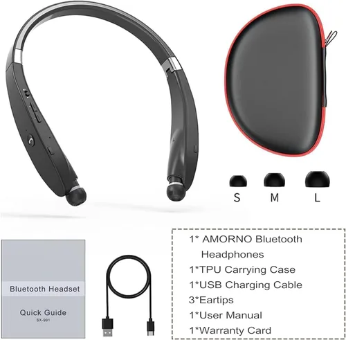 Miniatura 7 de Amorno Auriculares plegables Bluetooth con banda para el cuello inalámbrica con auriculares retráctiles, auriculares deportivos a prueba de sudor