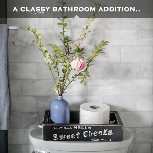 Miniatura 3 de MAINEVENT - Caja de decoración de baño con frase "Hello Sweet Cheeks", una caja con diseño en 2 lados, organizador de baño de estilo granja Blanco