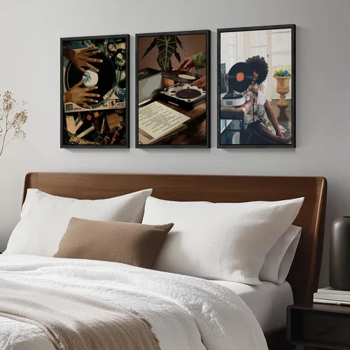 Miniatura 5 de Arte de pared de niña negra, impresiones modernas de pintura de mujer negra, juego de 3 pósteres de tocadiscos de música afroamericana, lienzo