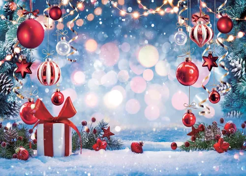 2.13x1.52m Telón de Fondo de Navidad Sueño de Invierno Maravilla Fotográfica Árbol de Navidad Copo de Nieve Regalo Bola Estrella Roja Telón de Fondo