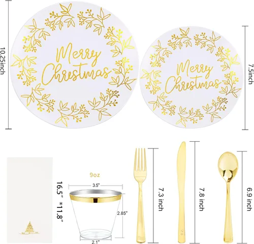Miniatura 7 de Nervure 175 piezas de platos de plástico de Navidad - Juego de platos desechables blancos y dorados incluye 25 platos de cena, 25 platos de postre