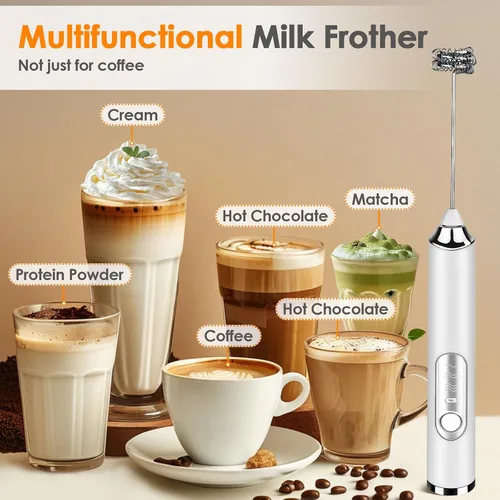 Miniatura 7 de Espumador de Leche de Mano, Batidor de Café Recargable con 2 Batidores de Acero Inoxidable de 3 Velocidades, Mezclador de Bebidas, Espumador Blanco