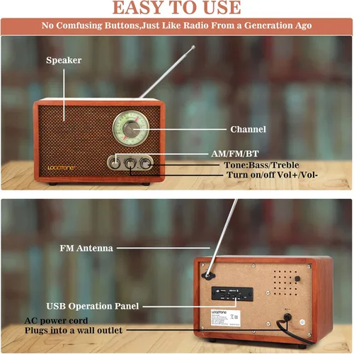 Miniatura 7 de LoopTone Radio vintage AM FM multifunción USB SD con altavoz Bluetooth, radio de mesa de madera retro para cocina, sala de estar con perilla