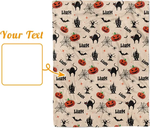 Miniatura 8 de Manta de Halloween personalizada, diseños de dibujos animados con nombre personalizable, manta de franela de felpa suave con respaldo punteado