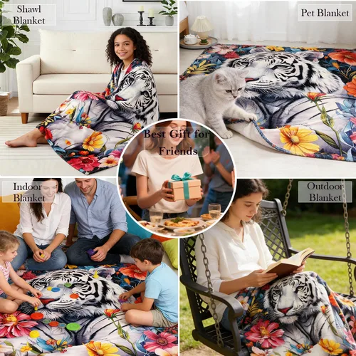 Miniatura 8 de Mantas de acuarela vintage con diseño floral de tigre para hombre, suaves y acogedoras, de franela con estampado de animales, para cama, sofá
