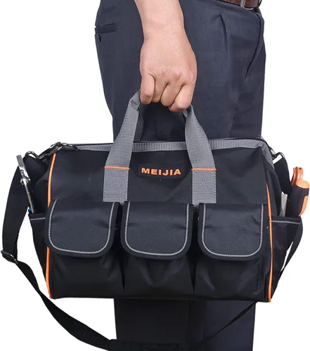 Miniatura 4 de MEIJIA Bolsa de herramientas impermeable resistente, organizador de herramientas de lona de boca ancha de 14 pulgadas con correa de hombro ajustable