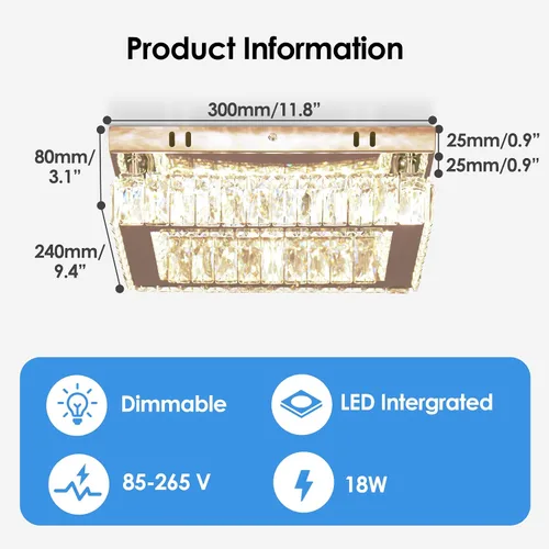 Miniatura 3 de Finktonglan Lámpara de Techo LED de Cristal Empotrada Moderna, Candelabro Rectangular de Cristal K9 y Acero Inoxidable, 20W Regulable con Control