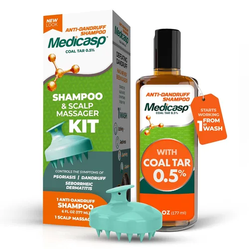 Medicasp Kit de champú y masajeador anticaspa - Alquitrán de carbón para caspa, psoriasis y dermatitis seborreica, cepillo masajeador del cuero