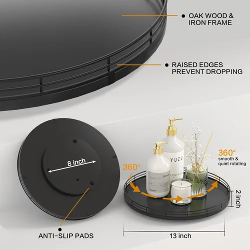 Miniatura 5 de Organizador Lazy Susan de madera de roble de 13 pulgadas, Lazy Susan para gabinete, mesa de comedor, despensa, bandeja organizadora de mesa Negro