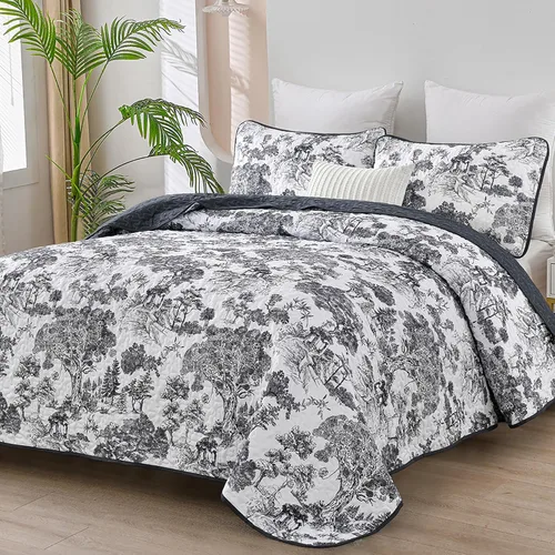 WONGS BEDDING Juego de edredón botánico tamaño Queen, negro, 3 piezas, colcha con estampado floral de plantas Toile, juego de ropa de cama,