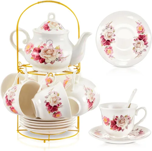 Miniatura 10 de Zhehao Juego de té de porcelana de 20 piezas con soporte de metal y cuchara para adultos, juego de té de cerámica para adultos, pintura de flores