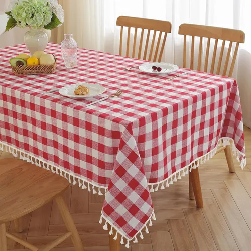 Miniatura 15 de JIALE - Mantel cuadrado de lino de algodón de cuadros Gingham con borlas, lavable, sin arrugas, mantel a cuadros de búfalo para fiesta al aire