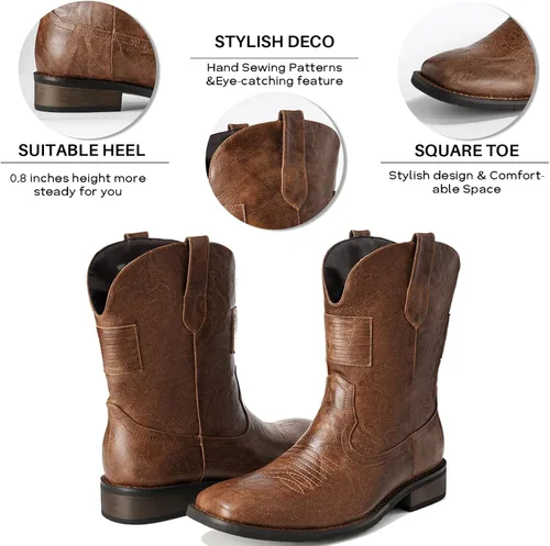 Miniatura 3 de Platikly Botas vaqueras para hombre Botas occidentales de punta cuadrada con bandera, botines de piel sintética, botas para hombre vaqueras