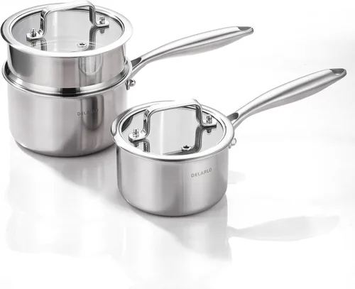 Miniatura 7 de DELARLO Cacerola de Acero Inoxidable Tri-Capa para Todo el Cuerpo de 3 Cuartos con Tapa, Apta para Horno 600℉, Sartén Saucier Resistente de 3