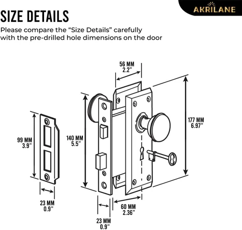 Miniatura 5 de AKRILANE Juego de cerradura de mortaja para puerta interior, perilla de estilo antiguo y vintage con llaves, bronce aceitado Oil Rubbed Bronze