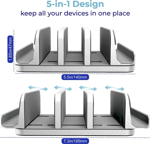 Miniatura 3 de Soporte ajustable para laptop, 5 ranuras, ahorro de espacio de aluminio, para Apple MacBook/Surface/Galaxy/Tablet/iPad/iPhone, plateado