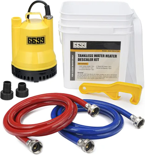 El kit de descarga del calentador de agua sin tanque incluye bomba de sumidero sumergible de 1/6 HP con dos adaptadores y cubo de 3 galones con