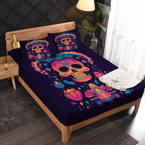 Miniatura 2 de Juego de sábanas tamaño Queen – Sábanas de cama con diseño de calavera de azúcar, sábanas y fundas de almohada, microfibra suave, bolsillo profundo