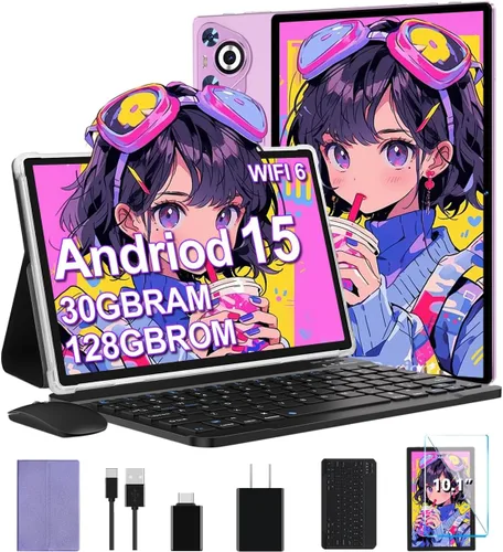 Tablet Android 15, 30 GB de RAM + 128 GB de ROM 1 TB TF, tableta 2025 con teclado y mouse, pantalla táctil de 10.1 pulgadas, batería de 8000 mAh,