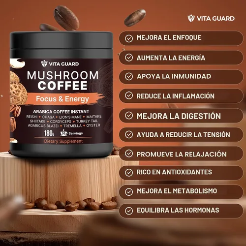 Miniatura 6 de Vita Guard 10 Café de Hongos en Mezcla Instantánea – Melena de León, Cordyceps y Reishi – Café Árabe Premium con Polvo de Coco – Concentración