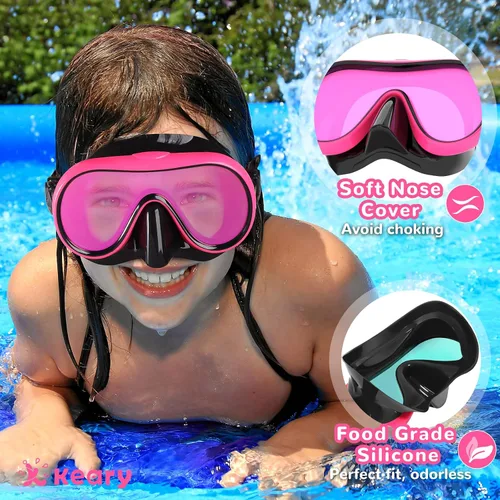 Miniatura 3 de Keary Kids Swim Goggles with Nose Cover for 5-16 Anti Fog Swimming Mask for Toddler Boys Girls Youth Negro y rosa (lente espejo)