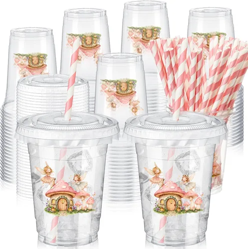Miniatura 9 de FoldTier 50 piezas de tazas para noche de cine 12 oz Tazas de plástico desechables con pajitas y tapas, tazas transparentes para cine, tazas