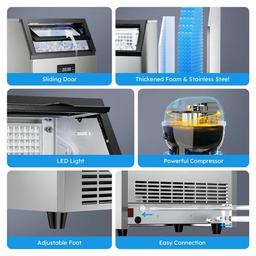 Miniatura 6 de Máquina comercial para hacer hielo - 200 libras/24 horas, máquina de hielo comercial con contenedor de almacenamiento de 50 libras, debajo
