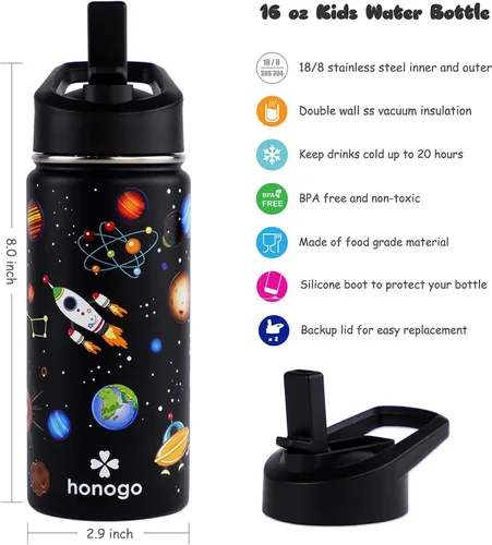 Miniatura 2 de Botella de agua para niños con aislamiento de acero inoxidable de 16 onzas, a prueba de fugas, termo de metal con tapa con pajilla, bonito vaso