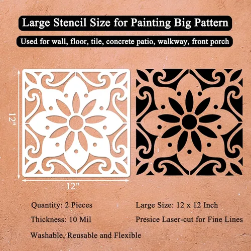Miniatura 2 de Plantillas grandes para piso, paquete de 2 plantillas de 12 x 12 pulgadas con patrón mexicano Talavera reutilizables, plantillas de pared