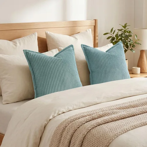 Miniatura 6 de Mecatny Juego de 2 fundas de almohada de pana de 16 x 16 pulgadas, fundas decorativas neutrales suaves de estilo bohemio para sofá y sala de estar