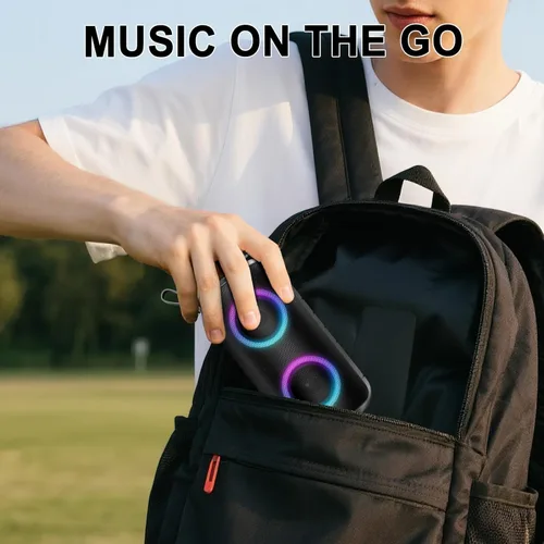 Miniatura 7 de Hupoaf Altavoz Bluetooth, altavoz inalámbrico portátil 2026 con sonido fuerte 6D, IPX7 impermeable, llamada HD, luces RGB, tiempo de reproducción