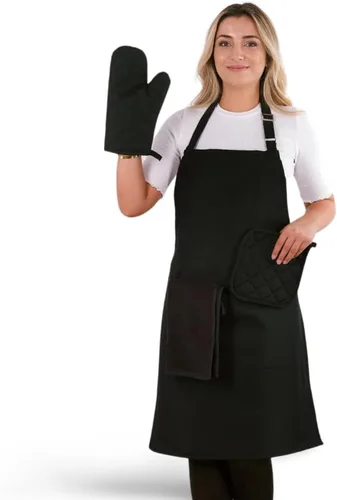 Juego de delantales de 3 piezas; delantal de cocina ajustable, guantes de horno resistentes al calor, soporte para ollas I 482 °F I Delantales de
