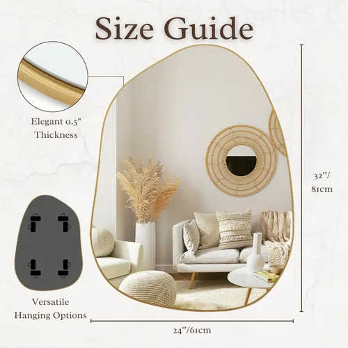 Miniatura 3 de PERFNIQUE - Espejo de pared irregular asimétrico, espejo dorado de 32"x24" para baño, dormitorio, sala de estar, entrada, decoración moderna boho