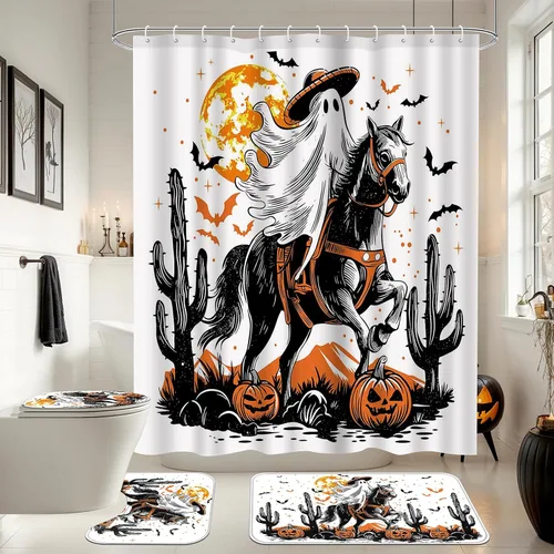Ticuenicoa Juego de 4 cortinas de ducha de Halloween con diseño de jinete fantasma, incluye cortina de ducha de 72 x 72 pulgadas, alfombras de baño,