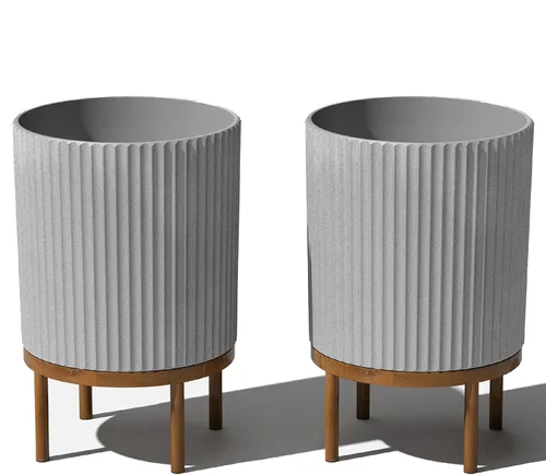 Miniatura 74 de Veradek Demi Series - Maceta redonda con soporte para porche o patio, compuesto de piedra de plástico duradero y soporte de madera, decoración