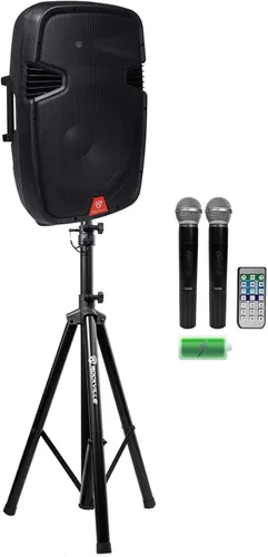 Paquete Rockville RAM15BT: Bocina recargable activa de 15 pulgadas, 800 vatios de potencia máxima / 200 vatios RMS para DJ/PA, 2 micrófonos VHF