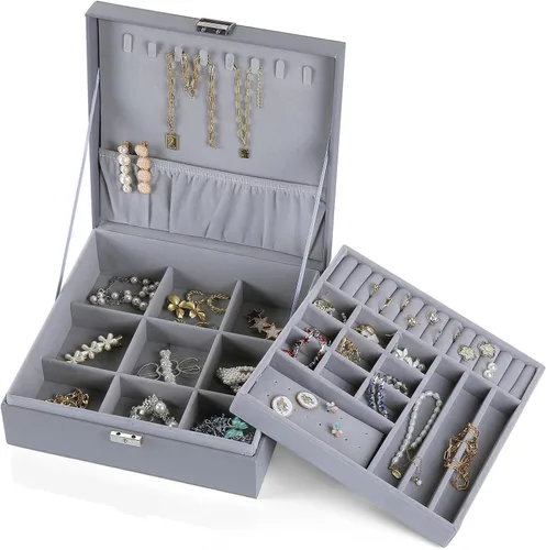 misaya - Joyero organizador de 2 capas grande con cerradura para joyería para aretes anillos y collares