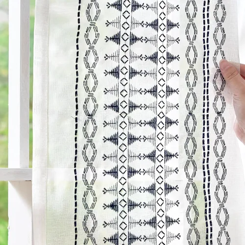Miniatura 4 de jinchan Cortinas traslúcidas para sala de estar, dormitorio, cortinas azules bohemias bordadas, cortinas de gasa bohemias de 63 pulgadas de largo
