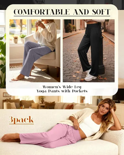 Miniatura 100 de Neer - Conjunto de 3 pantalones de yoga de pierna ancha para mujer - Pantalones deportivos cómodos, holgados, de cintura alta y casuales