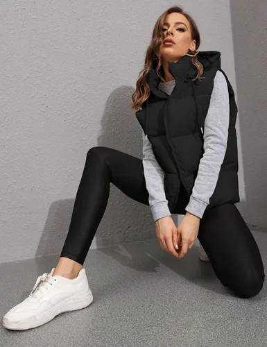 Miniatura 4 de Tanming Chaleco acolchado negro para mujer, con cremallera, ligero, sin mangas, para invierno, con capucha