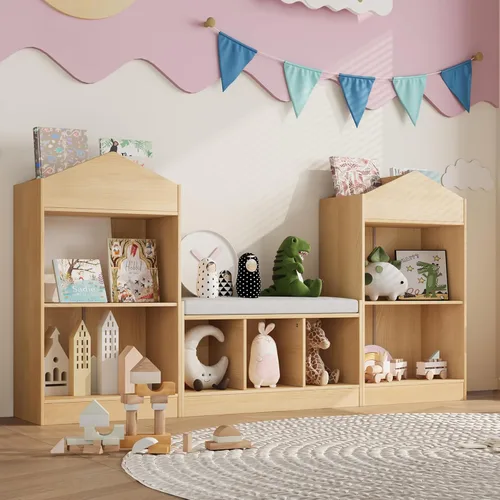Miniatura 8 de MHOM Estantería infantil de 68.9 pulgadas con rincón de lectura, organizador de almacenamiento de juguetes con cojín de asiento y 7 cubos