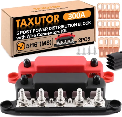 Barra colectora de 5 postes 300A, perno de 5/16 pulgadas para 4 AWG y 2 AWG, bloque de distribución de energía con tapa, tacos y kit de