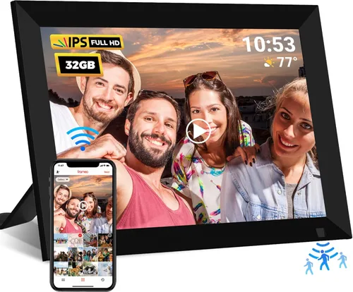Marco de fotos digital inteligente con WiFi de 32 GB de 10.1 pulgadas con sensor de movimiento y función de programación, pantalla táctil LCD IPS de