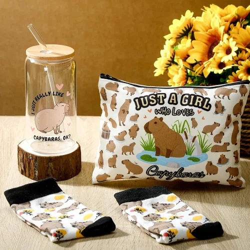 Miniatura 3 de Layhit Capybara - 3 piezas de regalos para mujeres, regalo de agradecimiento de 16 onzas, bolsa de maquillaje cosmética, calcetines lindos, regalo