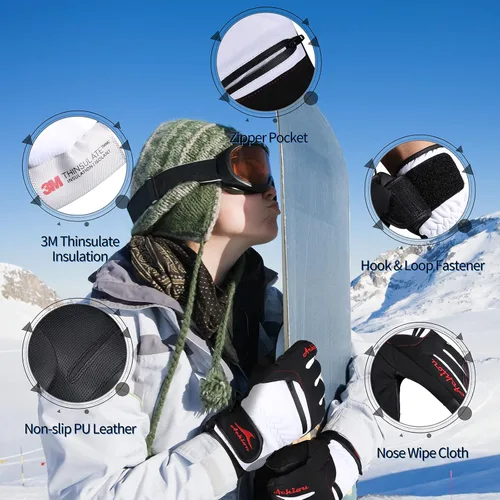 Miniatura 5 de Achiou Guantes de esquí de nieve de invierno para hombres y mujeres, guantes de esquí impermeables cálidos para clima frío de -30 , guante