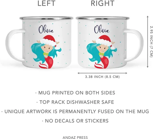 Miniatura 5 de Andaz Press Taza de café de acero inoxidable con nombre personalizado de 11 onzas para niños, diseño de sirena festiva, 1 paquete, taza de Navidad