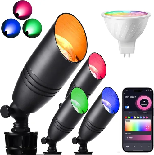 Miniatura 9 de RGB+CCT Iluminación de bajo voltaje para paisaje al aire libre con cambio de color, IP65 impermeable, focos elevados para jardín y patio, focos